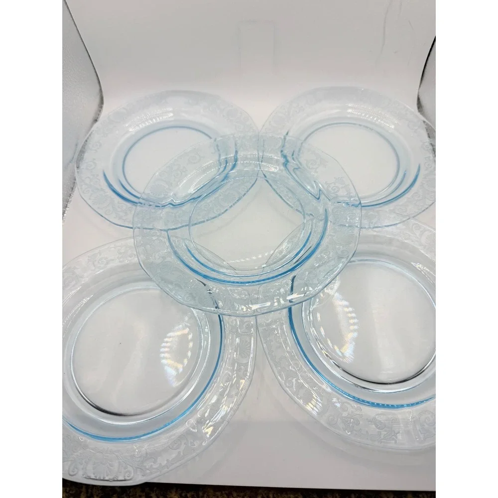 Vintage Fostoria Azure Versailles Pattern glass bread plates set of 5